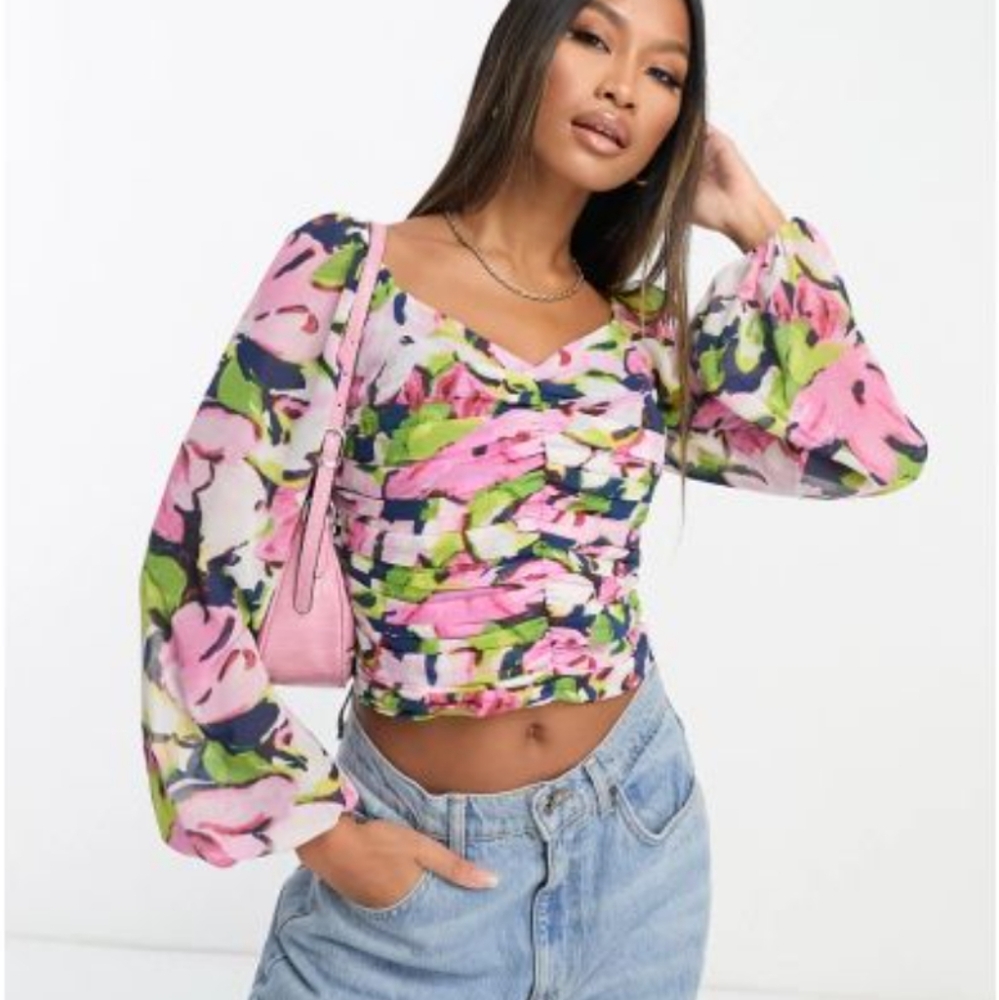 Abercrombie & Fitch‎ Floral Rouched Sweetheart Neckline Blouse Top Women Size M